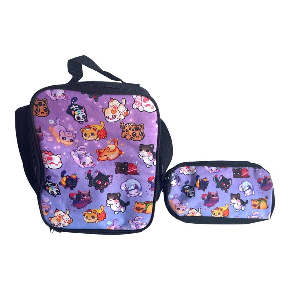 Kawaii Cat Insulated Lunch Bag Purple Crossbody w Matching Pouch New